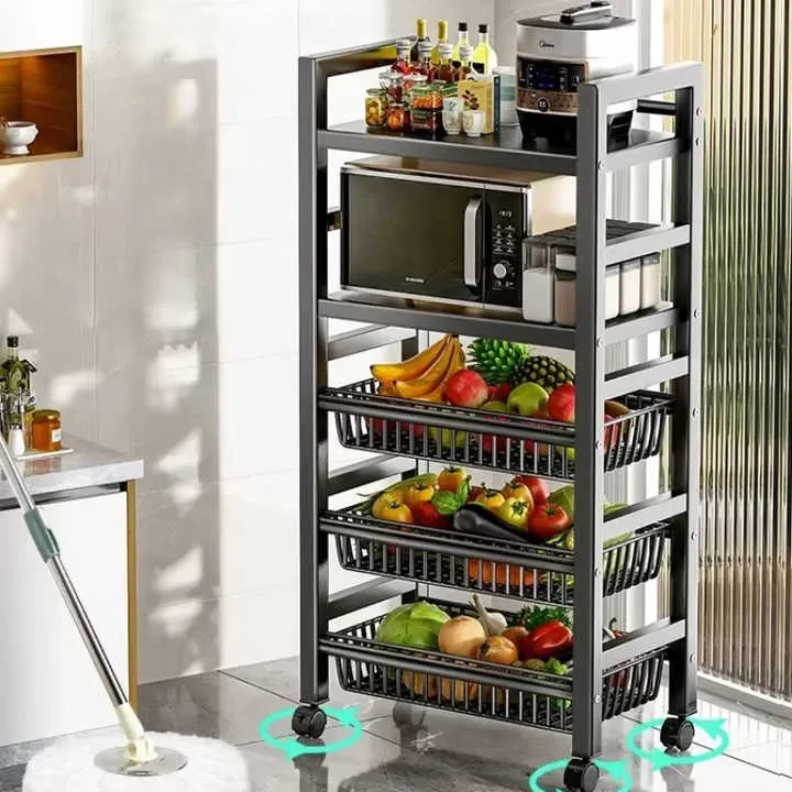 رفوف تخزين خضروات متعددة الوظائف للمطبخ عربة دوارة متحركة لفرن الميكروويف للفواكه Multifunctional Kitchen Vegetable Storage Racks Movable Rolling Trolley Microwave Oven Fruit Cart