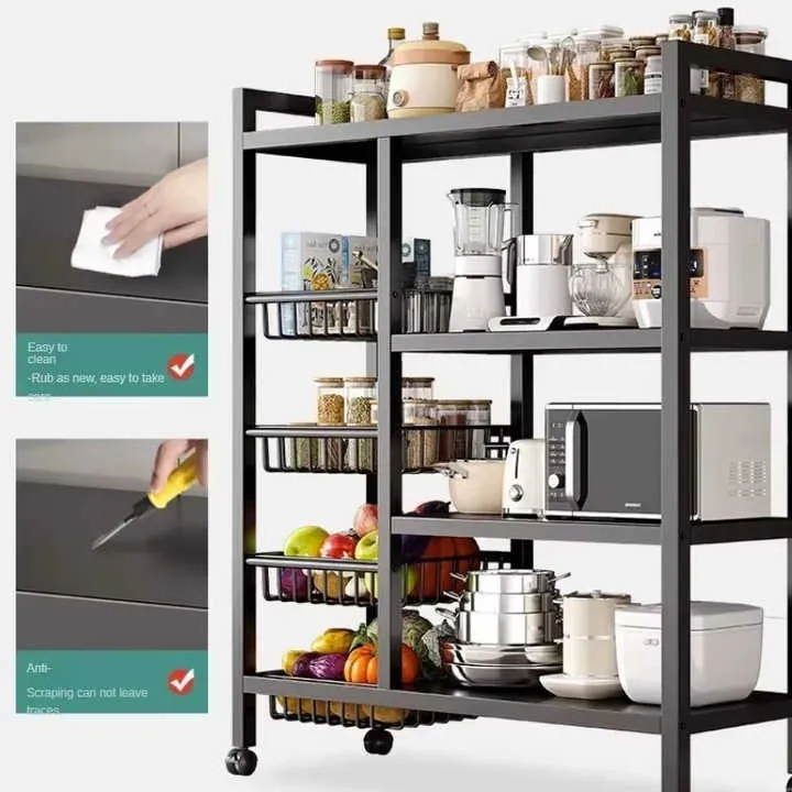 رفوف تخزين خضروات متعددة الوظائف للمطبخ عربة دوارة متحركة لفرن الميكروويف للفواكه Multifunctional Kitchen Vegetable Storage Racks Movable Rolling Trolley Microwave Oven Fruit Cart
