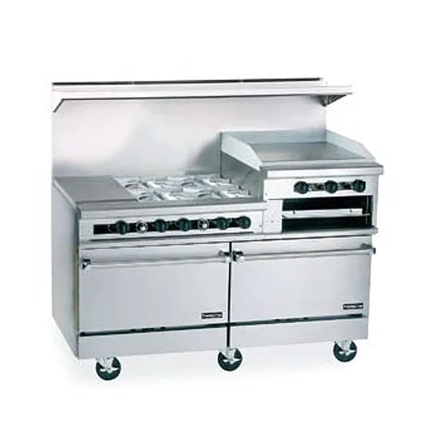 60" Gas Restaurant Range with Raised Griddle/Broiler, 6 Burners, Storage Base & Oven