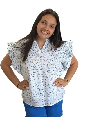 Blue Daisy Cotton Top Ruffled Sleeve