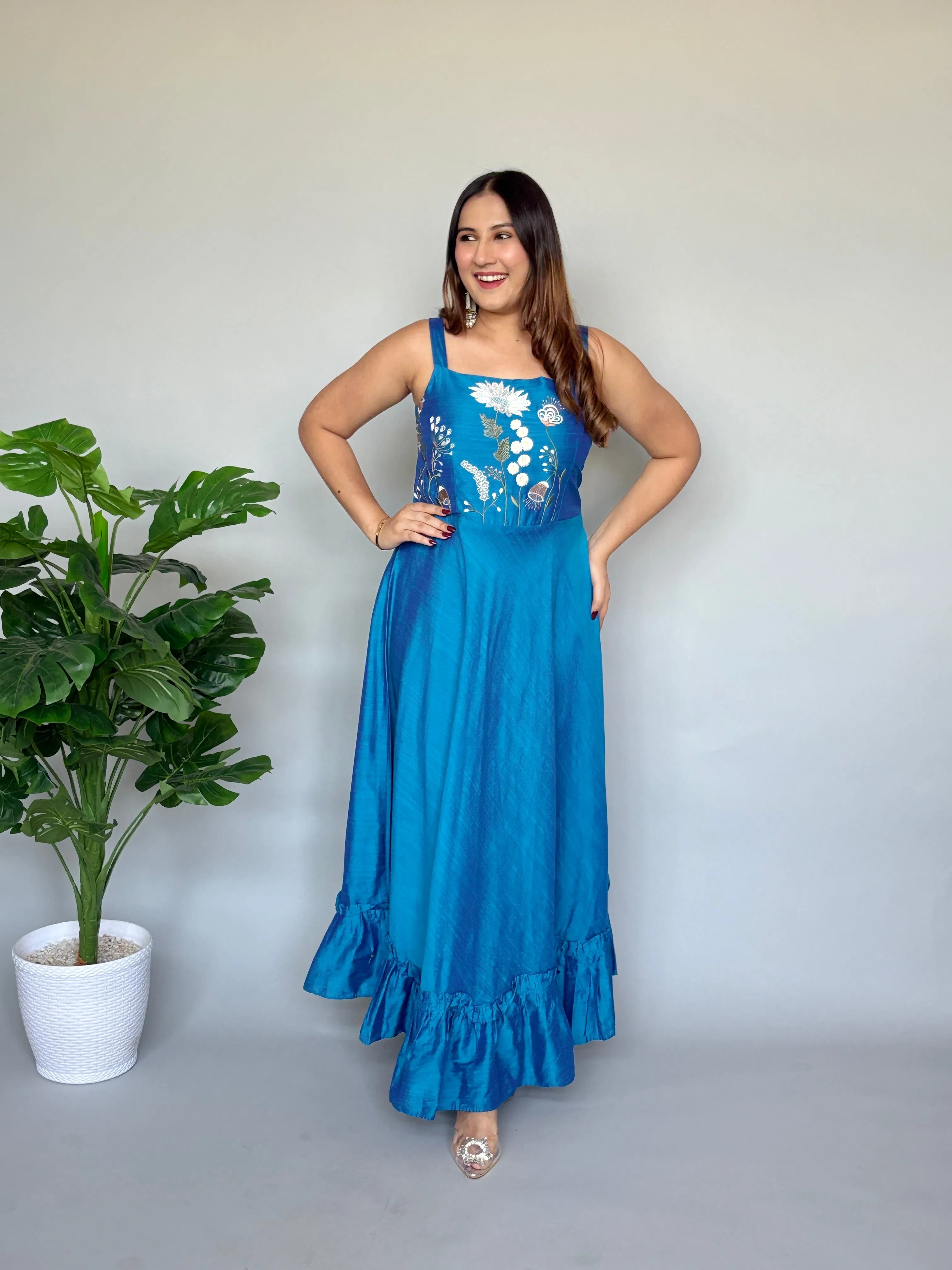 Blue Embroidery Long Dress