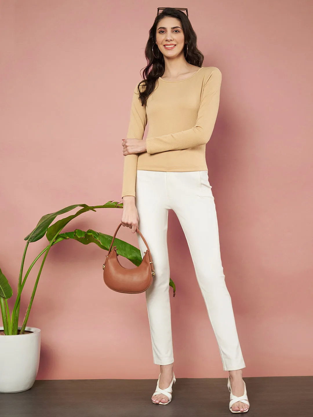 Casual Regular Sleeves Solid Women Beige Top