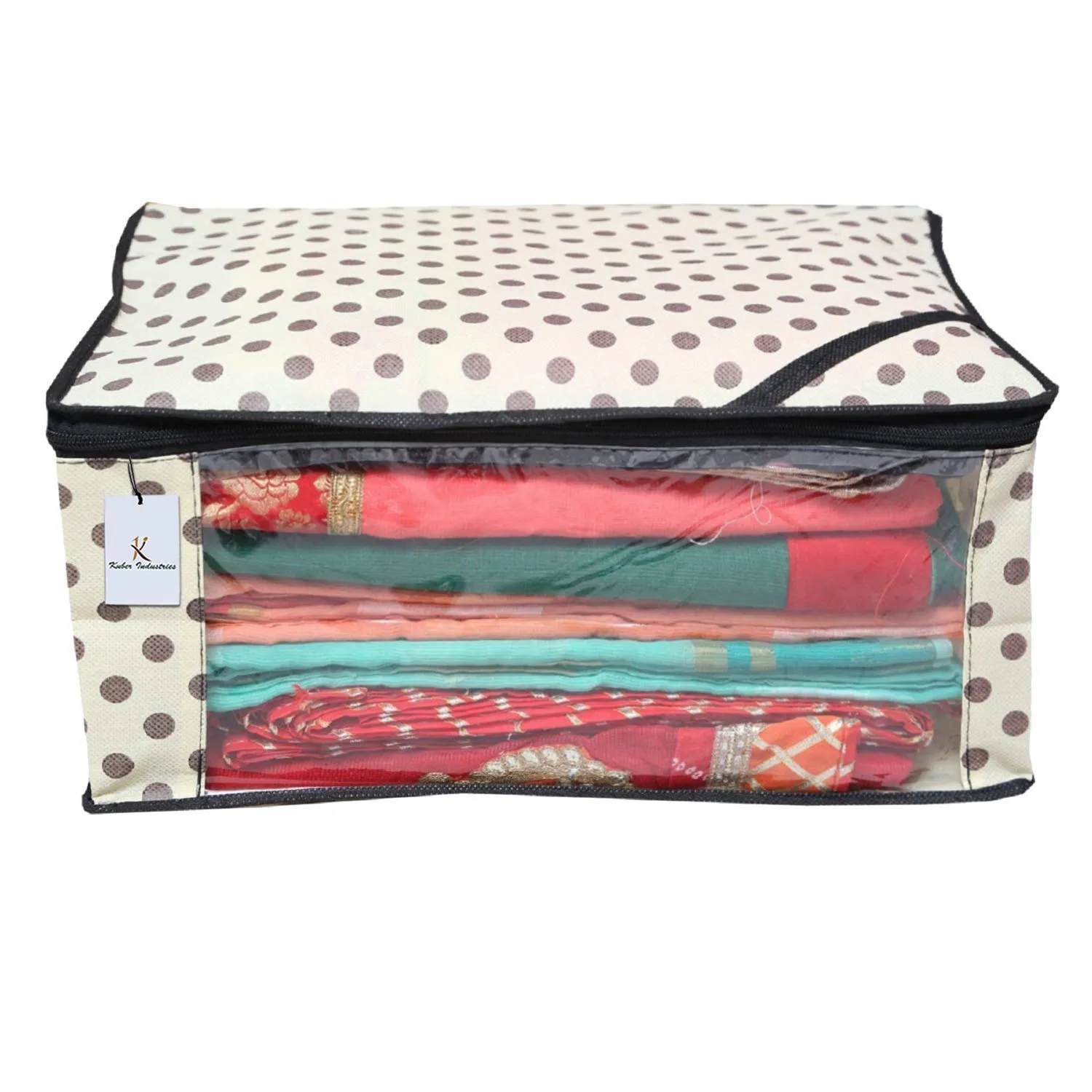 Kuber Industries Polka Dots Design Non Woven 4 Piece Saree Cover/Cloth Wardrobe Organizer and 4 Pieces Blouse Cover Combo Set (Ivory) -CTKTC038424