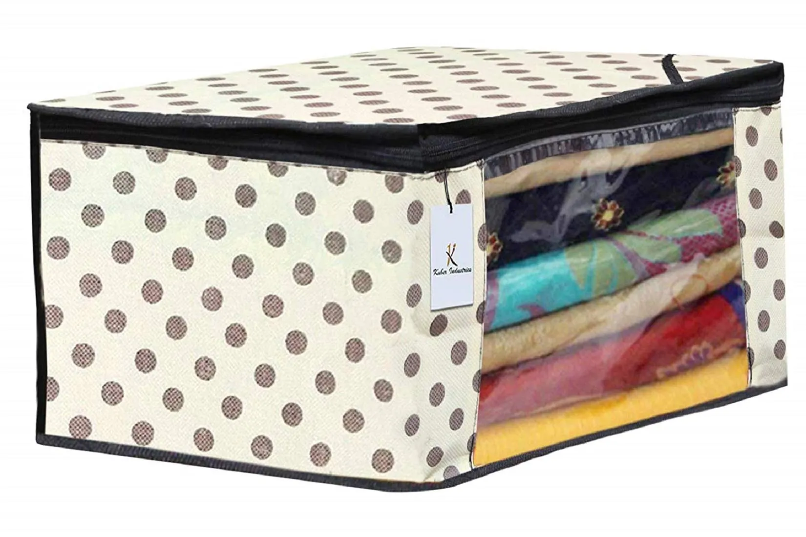 Kuber Industries Polka Dots Design Non Woven 4 Piece Saree Cover/Cloth Wardrobe Organizer and 4 Pieces Blouse Cover Combo Set (Ivory) -CTKTC038424