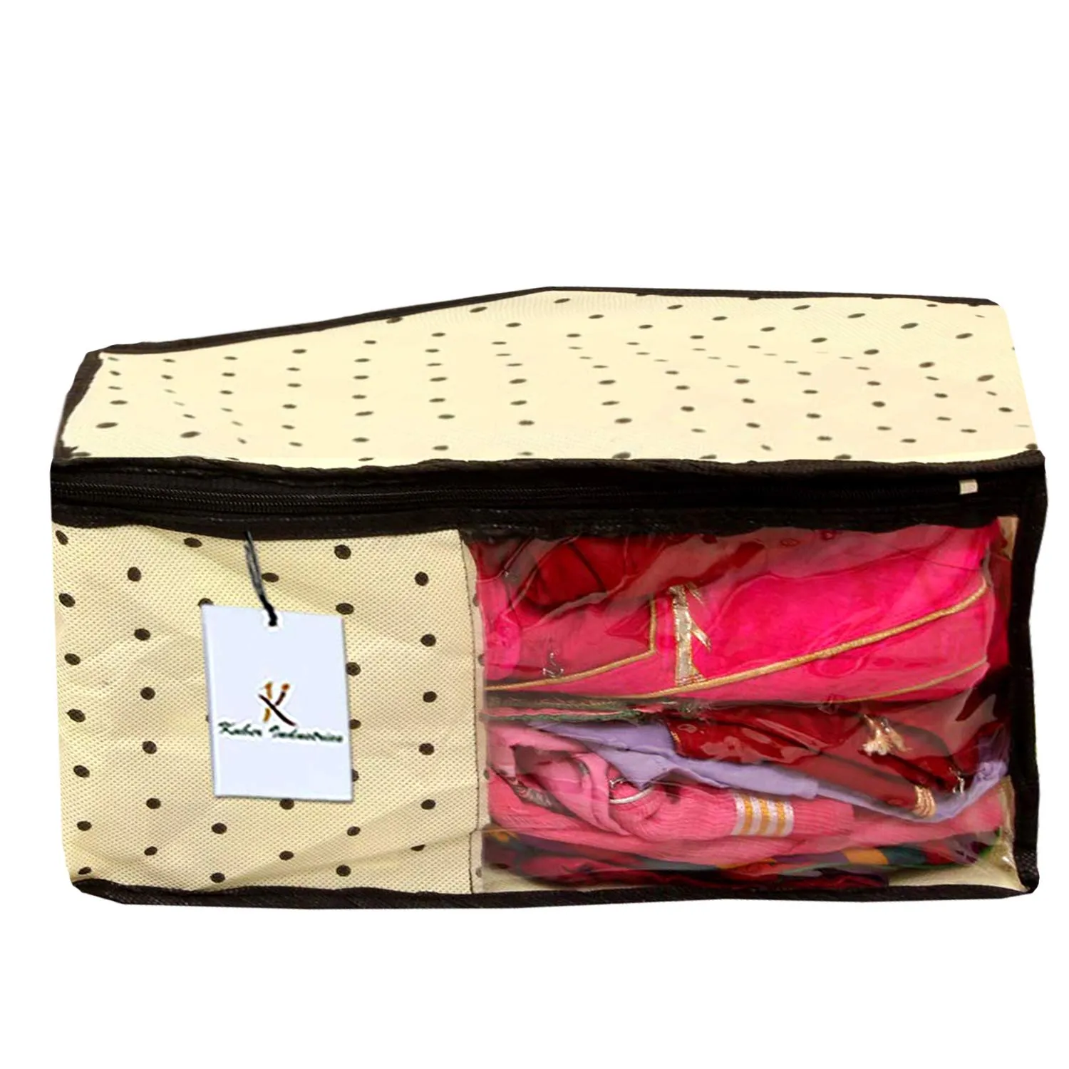 Kuber Industries Polka Dots Design Non Woven 4 Piece Saree Cover/Cloth Wardrobe Organizer and 4 Pieces Blouse Cover Combo Set (Ivory) -CTKTC038424