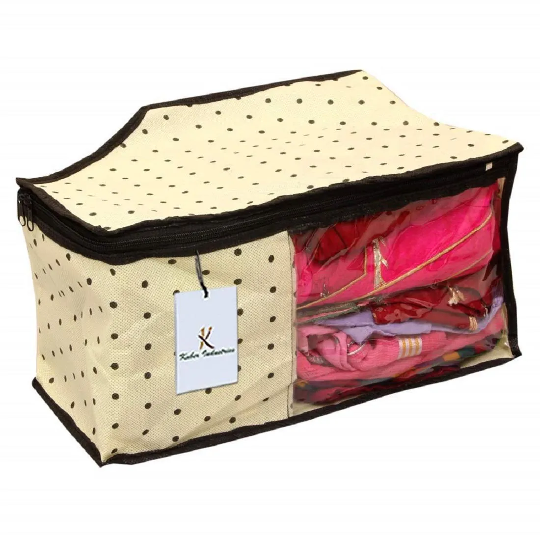 Kuber Industries Polka Dots Design Non Woven 4 Piece Saree Cover/Cloth Wardrobe Organizer and 4 Pieces Blouse Cover Combo Set (Ivory) -CTKTC038424