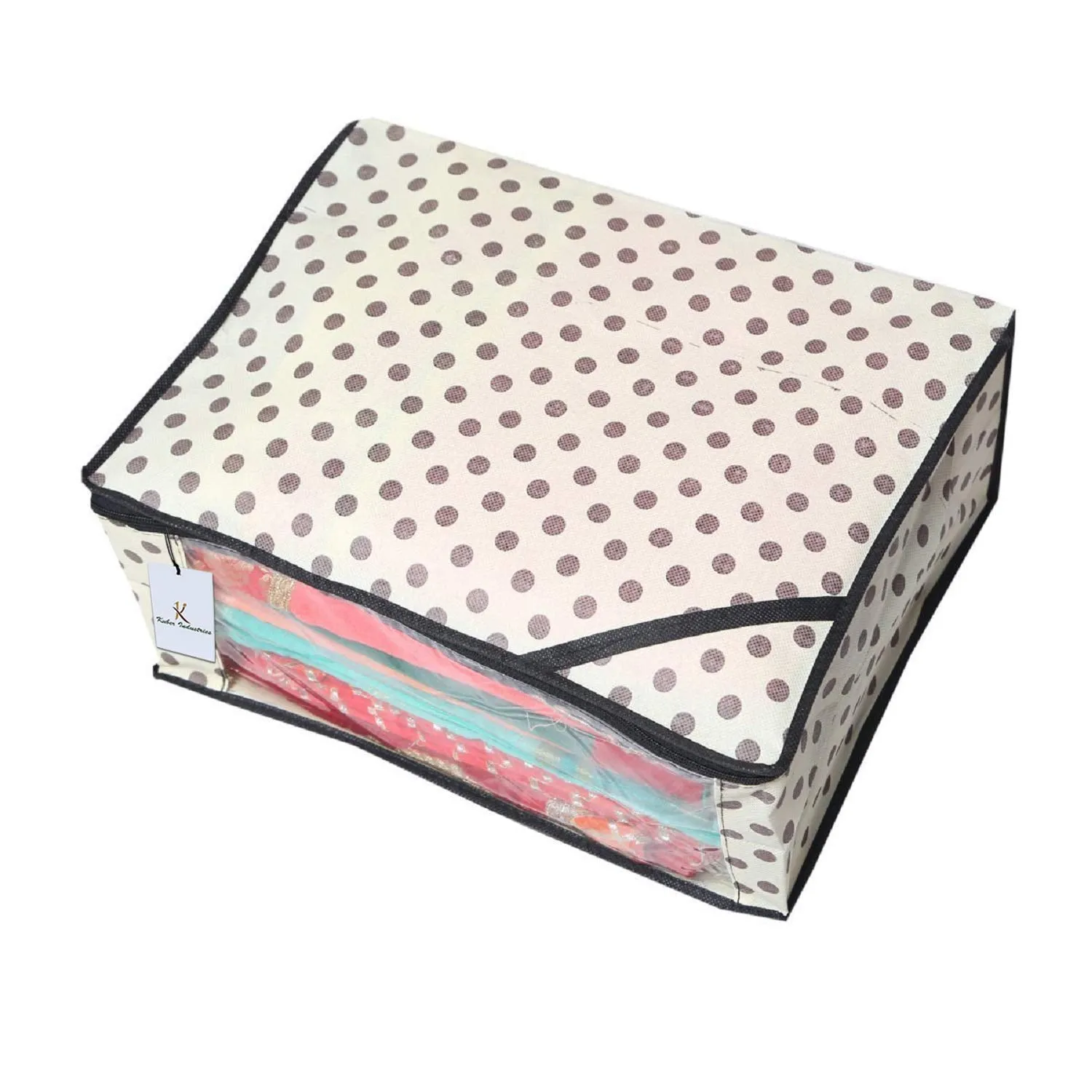 Kuber Industries Polka Dots Design Non Woven 4 Piece Saree Cover/Cloth Wardrobe Organizer and 4 Pieces Blouse Cover Combo Set (Ivory) -CTKTC038424