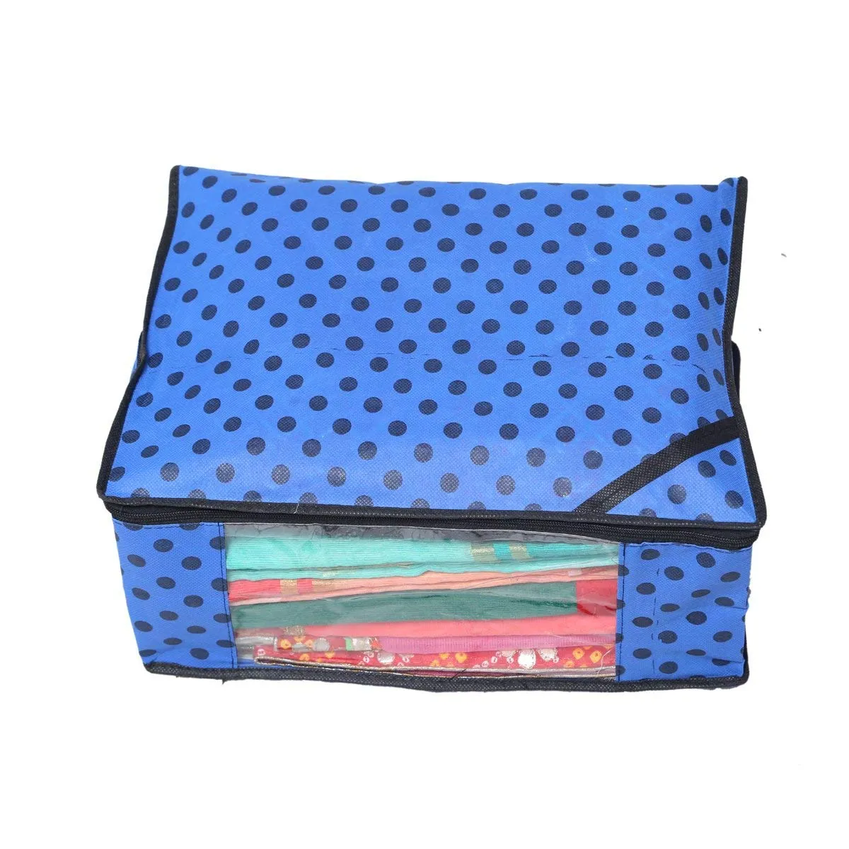 Kuber Industries Polka Dots Design Non Woven 6 Piece Saree Cover/Cloth Wardrobe Organizer and 6 Pieces Blouse Cover Combo Set (Blue) - CTKTC038432