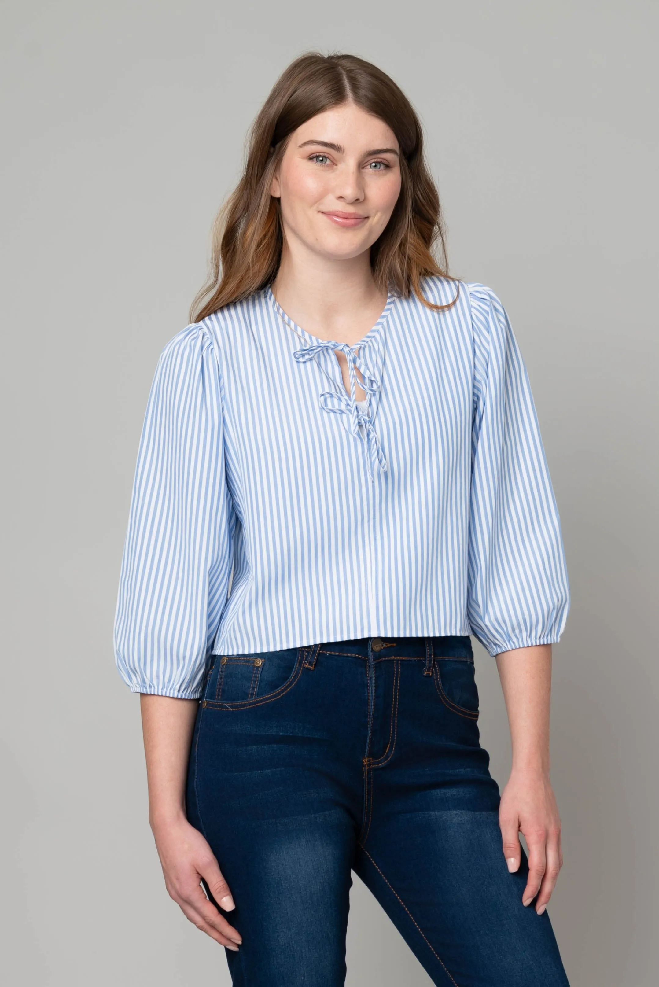 Party Poplin Tie Front Top Blue/White Stripe
