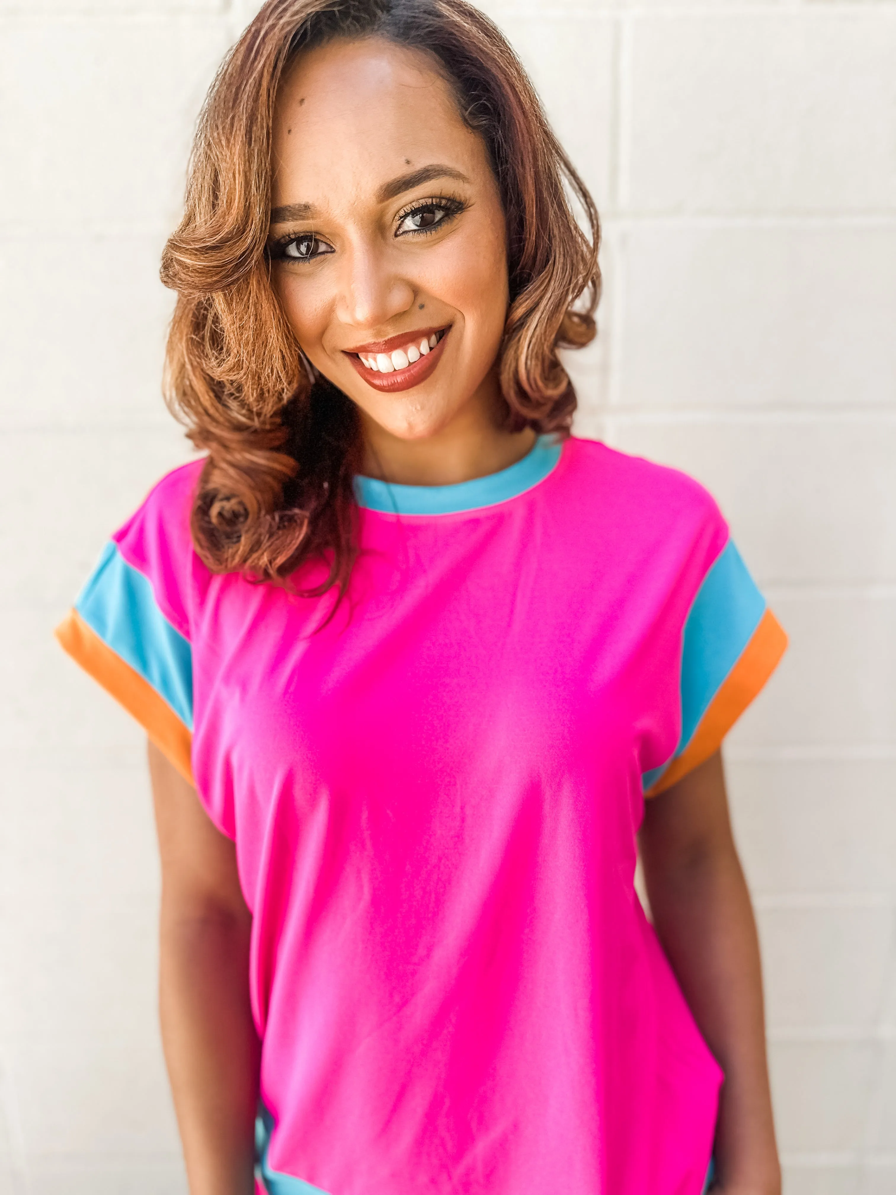 Pink Colorblock Shorts Set