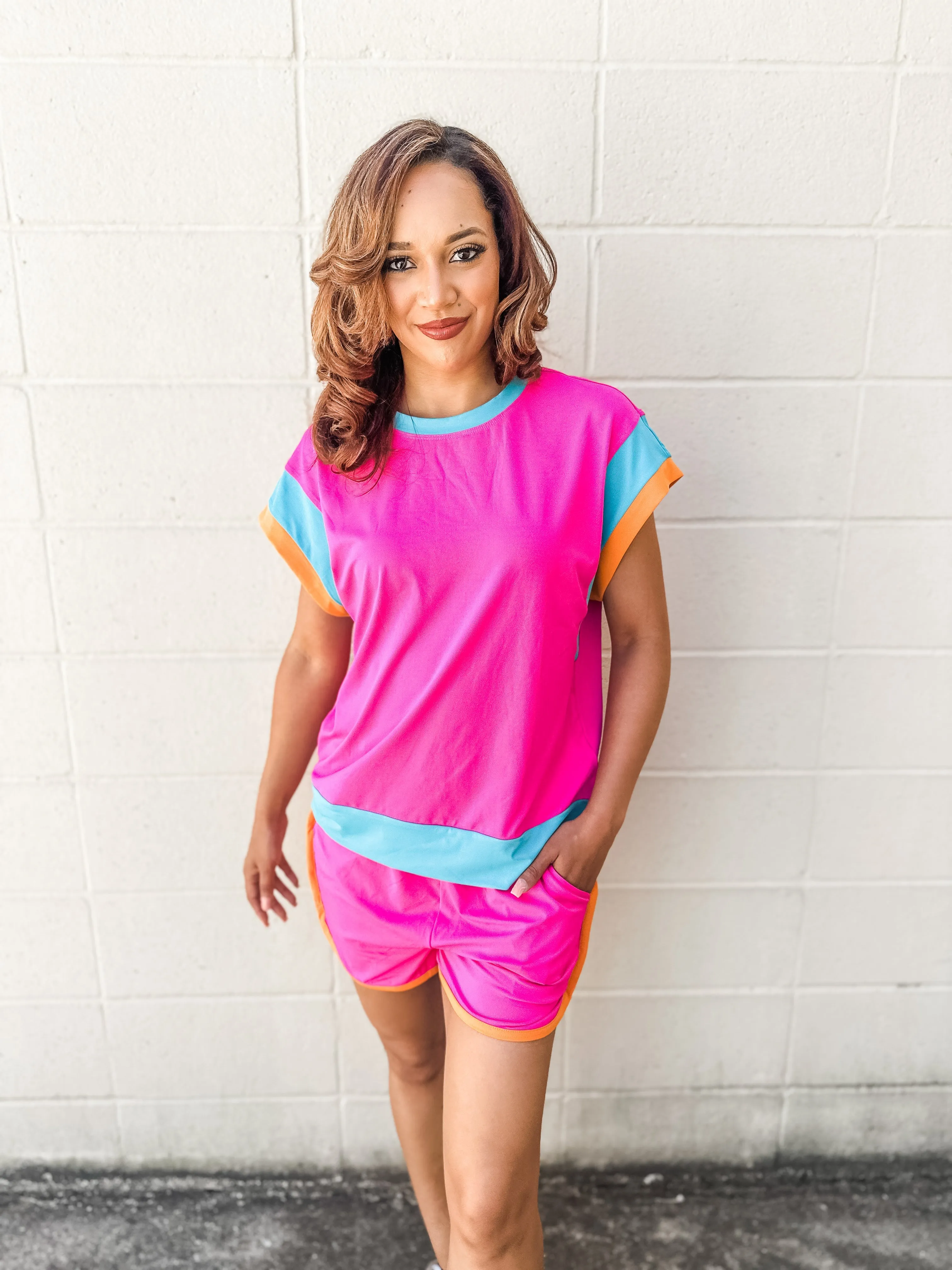 Pink Colorblock Shorts Set