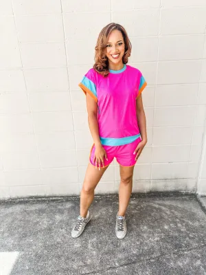 Pink Colorblock Shorts Set