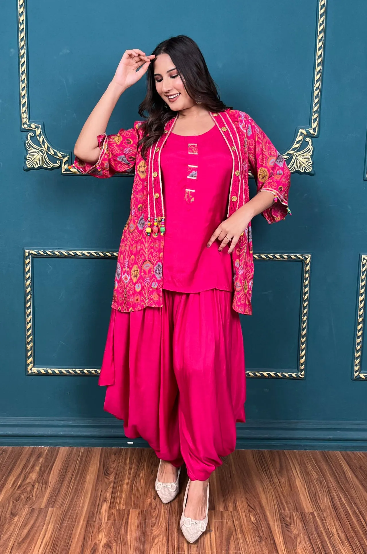Pink Dhoti Set with Printed Cover-up