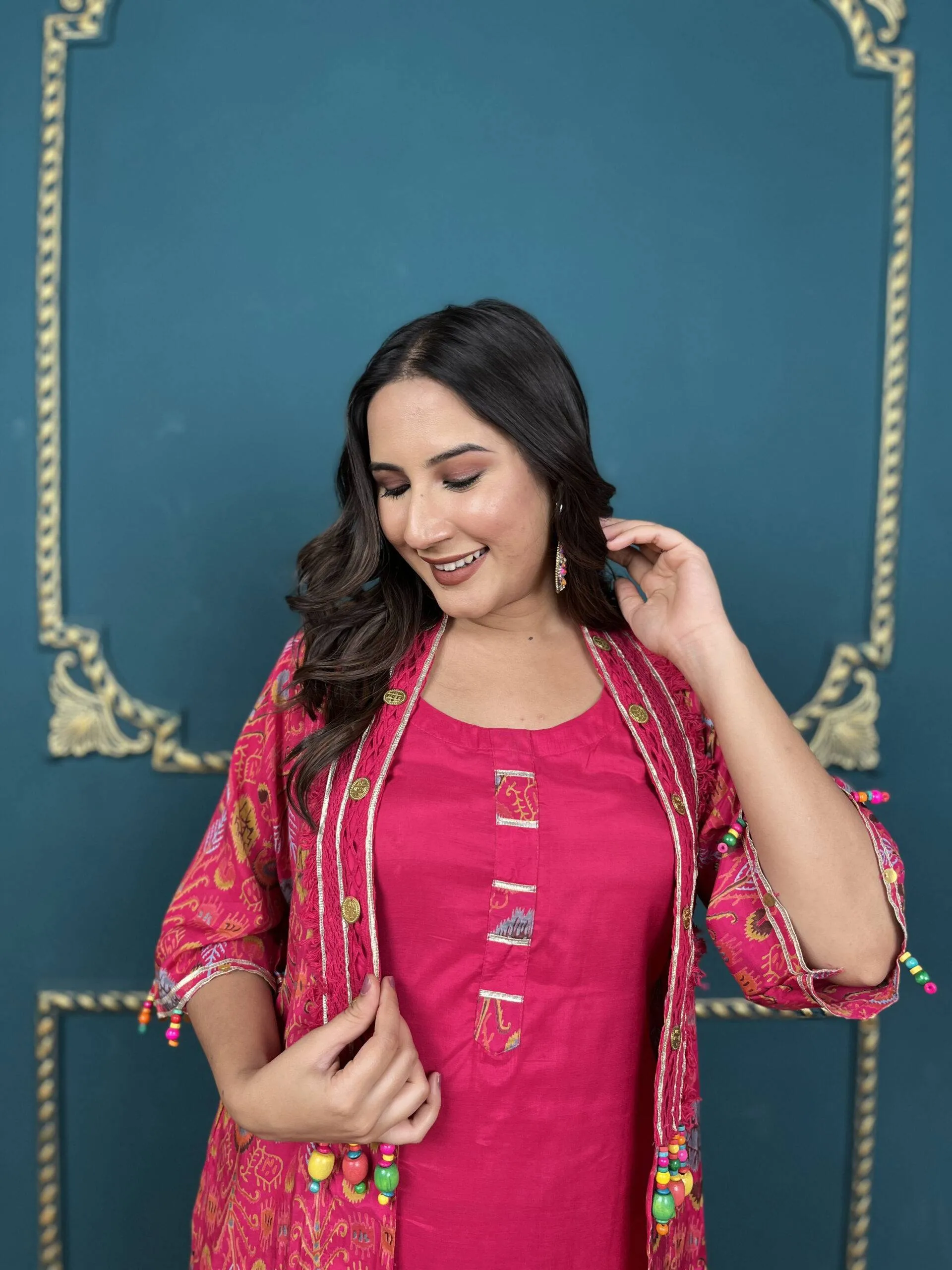 Pink Dhoti Set with Printed Cover-up