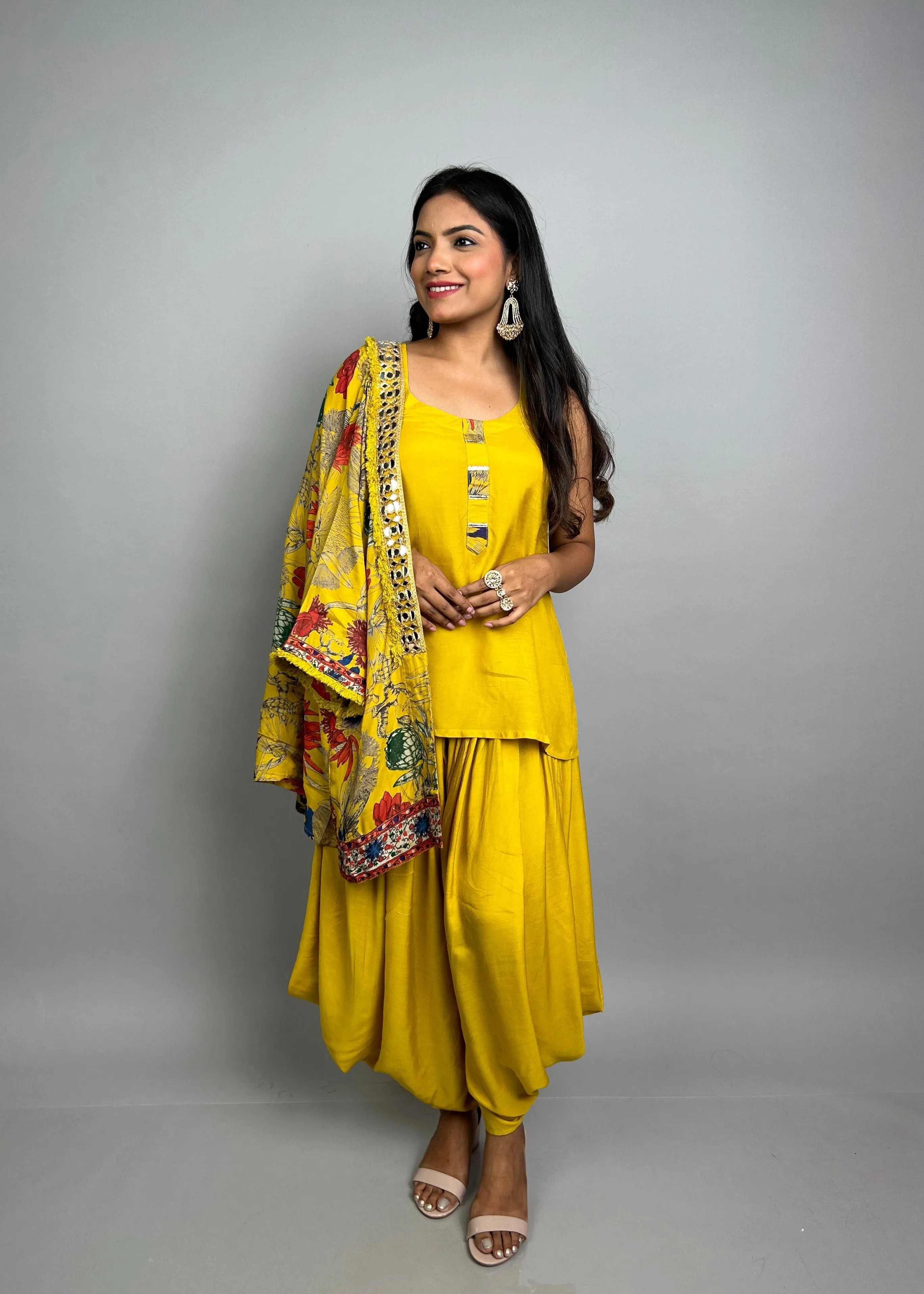 Yellow Dhoti Set with Cover-Up & Mirrorwork
