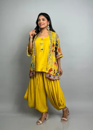 Yellow Dhoti Set with Cover-Up & Mirrorwork